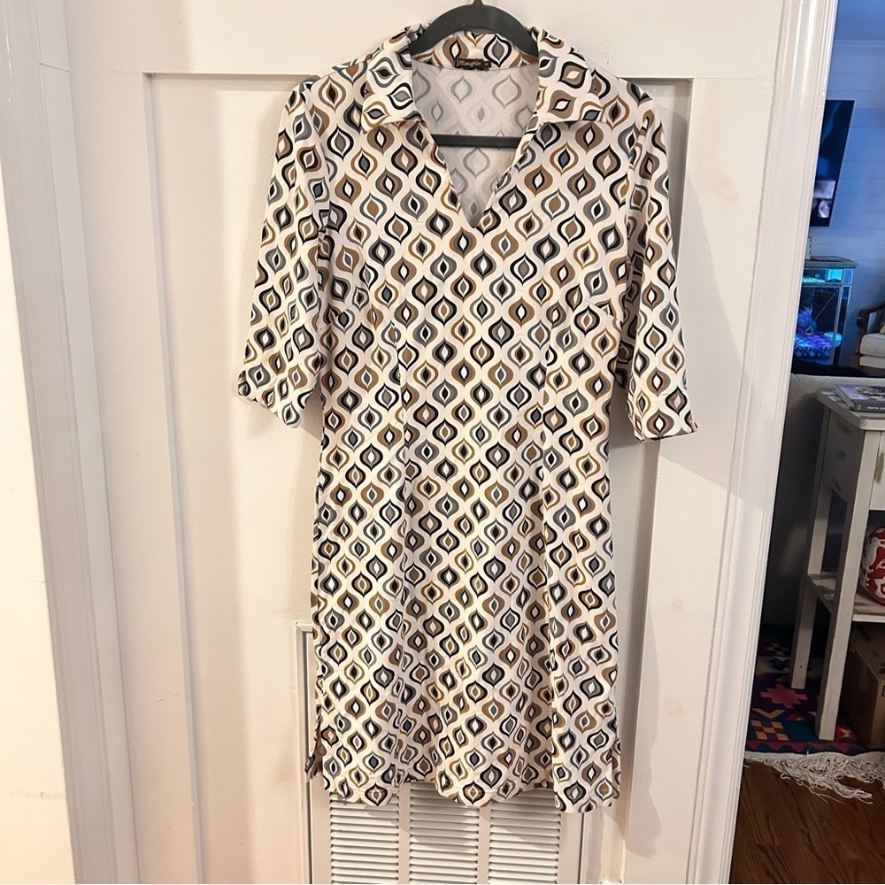 J McLaughlin Geometric Retro Mod print collar 3/4 sleeve Dress